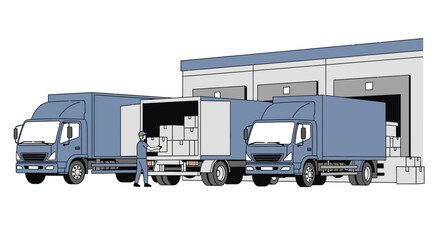 Warehouse logistics with delivery trucks loading and unloading cargo boxes at distribution center, shipping, freight transportation, and supply chain management illustration