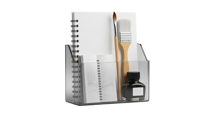 Organizer with notebooks, brushes, and ink bottle