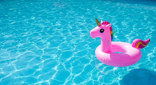 Pink unicorn floaty in a bright blue swimming pool on a sunny day