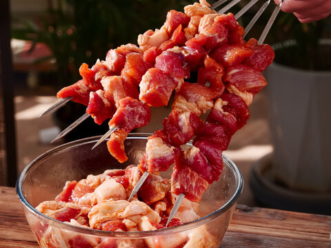 Raw Lamb Meat Skewers for Grilled Kebabs at Zibo Night Market Stalls