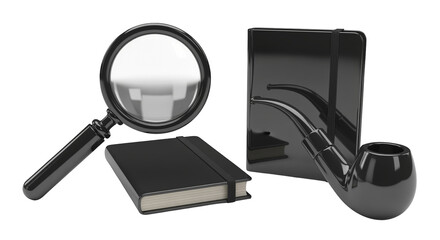 Magnifying glass, pipe and notebooks still life