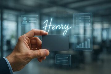 Business Card Presentation in Modern Office: A poised hand, embodying professionalism, delicately presents a business card, subtly suggesting the essence of connectivity. Digital overlays.