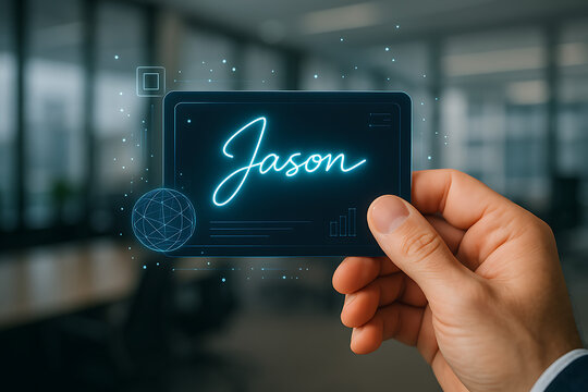 Digital Name Card Displayed: A close-up showcases a hand holding a digital name card, the name Jason illuminated in vibrant neon against a backdrop of an office environment.