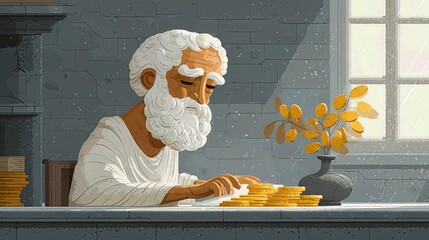 Illustrated elderly scholar writing at a desk with books and a vase by a window, textured classical style.