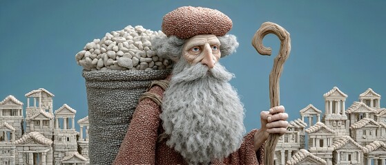 Stylized illustration of an elderly bearded man with a shepherd staff and sack amid ancient ruins and classical architecture.