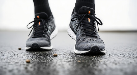 Close up of running shoes on wet pavement after rain with pebbles scattered on the surface