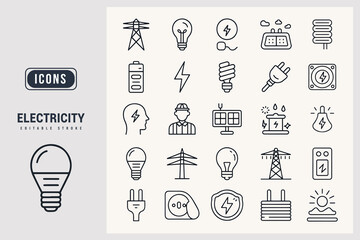 Collection of Electricity Icons for Renewable Energy and Power Generation White Background.