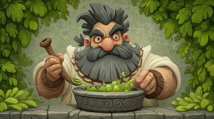 Whimsical etched illustration of a bearded chef mixing fresh green salad in a bowl surrounded by lush leaves.