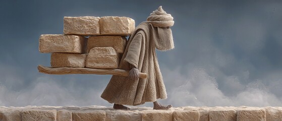 Stylized stone relief of a robed figure hauling stacked bricks on a sled against a moody sky, symbolizing hard labor and endurance.