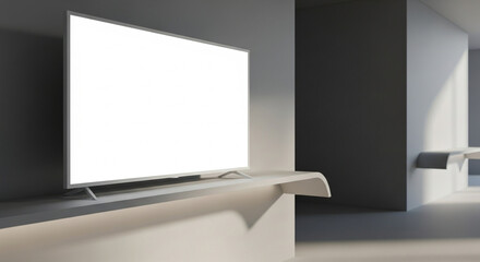 Clean white blank TV screen mockup on modern minimal beige stand in empty room interior with bright sunlight