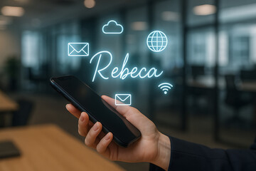 Digital Connections: A person skillfully holds a modern smartphone in a workspace environment, while a network of illuminated digital icons hovers above, symbolizing seamless communication.