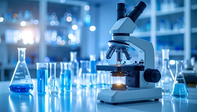 Laboratory microscope and beakers (1)