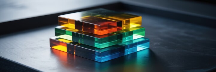 Abstract geometric composition featuring translucent cubes with vibrant rainbow spectrum colors refracting light and creating visual depth
