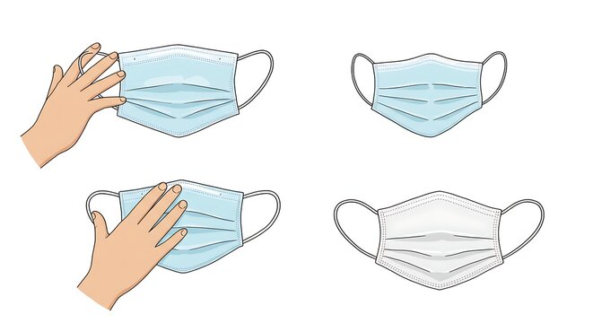 Medical face masks in various views against a white background