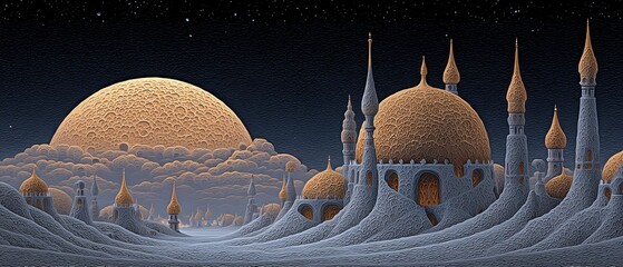 Futuristic alien city with domes and spires under a starry sky and rising moon, rendered in intricate metallic etched style.