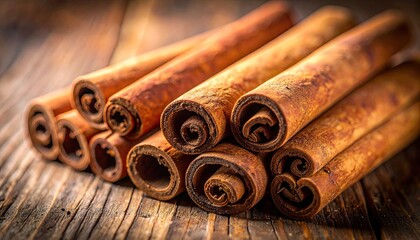 Close Up of Brown Cinnamon Sticks on Wood Table with Warm Natural Lighting