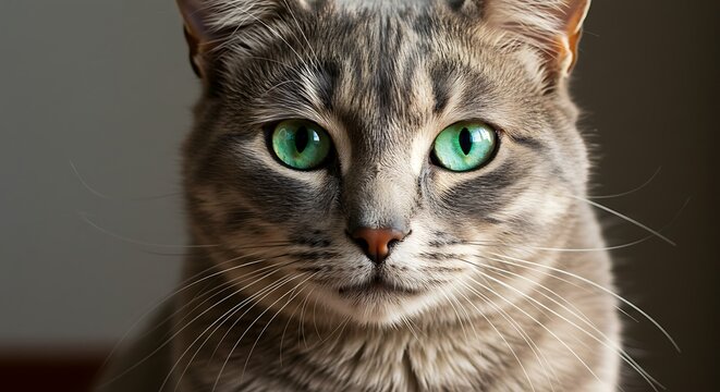 Close up portrait of a gray cat with striking green eyes indoors