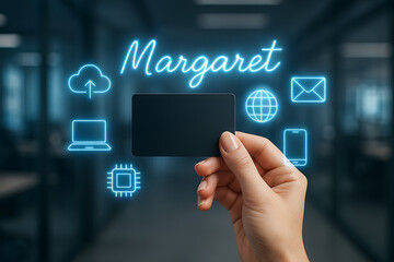 Margaret's Card in Digital Network: An artistic composition showcasing a person's hand holding a card with digital elements overlayed, symbolizing connections and information.