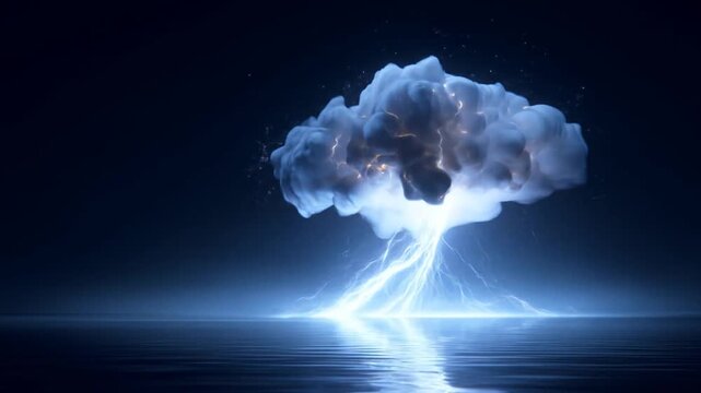 Dramatic cloud formation with lightning strikes above reflective water