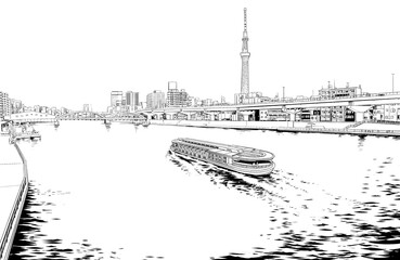 漫画風ペン画イラスト　河川敷