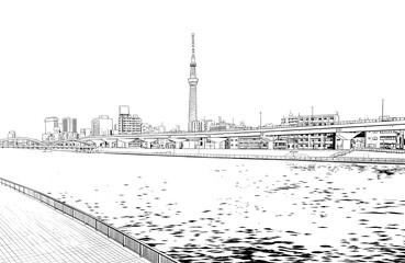 漫画風ペン画イラスト　河川敷