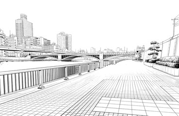 漫画風ペン画イラスト　河川敷