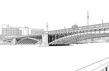 漫画風ペン画イラスト　河川敷