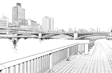 漫画風ペン画イラスト　河川敷