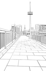 漫画風ペン画イラスト　河川敷