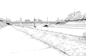 漫画風ペン画イラスト　河川敷