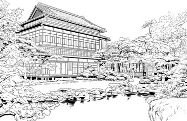 漫画風ペン画イラスト　和風（外観）