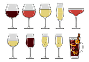 Illustration of assorted wine glasses varying in shape and filled with diverse liquids
