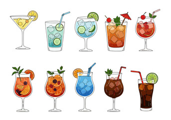 Ten cocktails with varied colors ingredients and glasses are presented on a white background