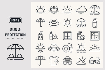 Sun and Protection Essential Icons for Summer Outdoor Activities Isolated On white Background.