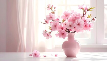 A beautiful pink cherry blossom bouquet arrangement blossoms in a vase, bringing the beauty of nature to the table