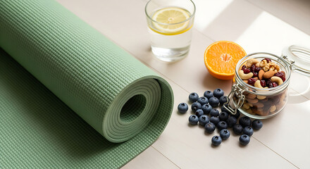 Healthy Lifestyle Concept With Yoga Mat Fruits Nuts And Water