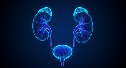 Medical illustration of human urinary system anatomy against dark background