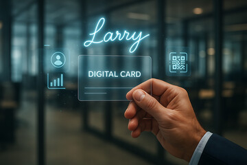 Digital Business Card Presentation: A person's hand carefully presents a transparent digital card against a blurred business backdrop. The card showcases futuristic tech elements.