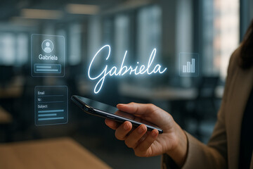 Digital Touch: An individual, meticulously holding a smartphone, interacts with a holographic display showcasing personalized digital information.