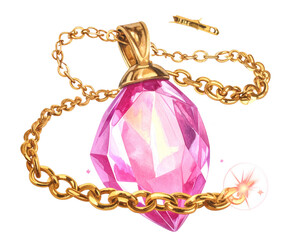 Pink Crystal Amulet with Golden Chain PNG