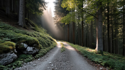 Obraz premium Narrow forest road sunlight green foliage tall tree peaceful nature summer outdoor tranquil scenic landscape