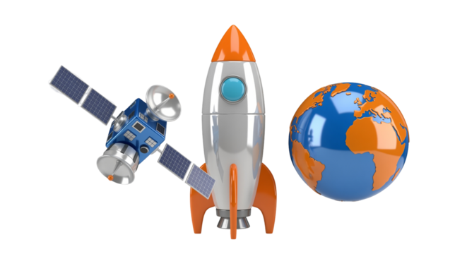 Satellite, rocket, and globe composition