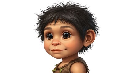 Cartoon Boy Smiling with Primitive Clothing and Dark Hair