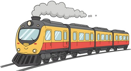 Cartoon Train Moving on Tracks with Smoke Illustration