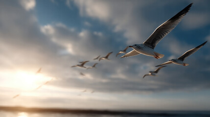 Obraz premium Flock of seagull flying over ocean at sunrise with dramatic cloud sky, freedom and peaceful nature concept