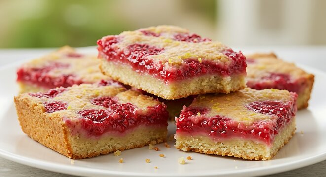 Delicious raspberry dessert bars on a white plate with blurred background