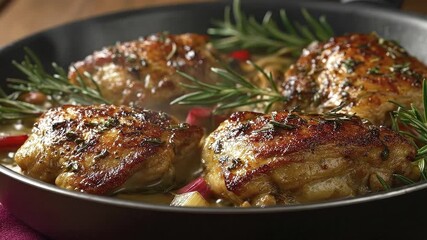 Panseared chicken thighs with rosemary in a skillet - Powered by Adobe