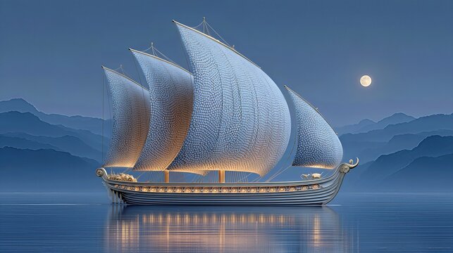 Elegant line art of a three-sail ship on calm water under a moonlit sky, mountains in the distance reflected on the tranquil blue sea.