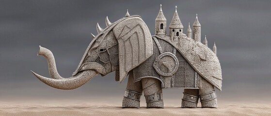 Surreal armored elephant bearing castle towers, etched metallic illustration against a moody gray sky and sandy foreground.