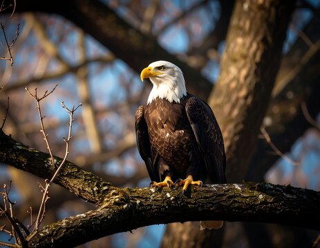 Majestic bald eagle perched on a tree branch, sunlight illuminating its feathers against a blurred background of tree branches